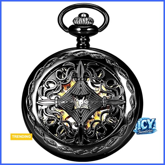 Vintage Mechanical Pocket Watch with Chain Skeleton Dial Roman Numerals main image 5